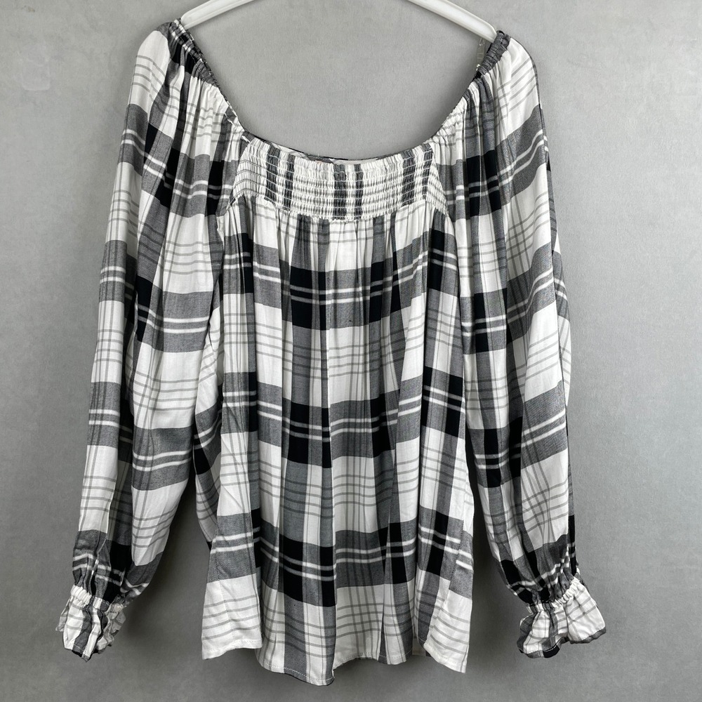 Como Vintage Womens Black White Plaid Smocked Square Neck Twee Blouse M New Read